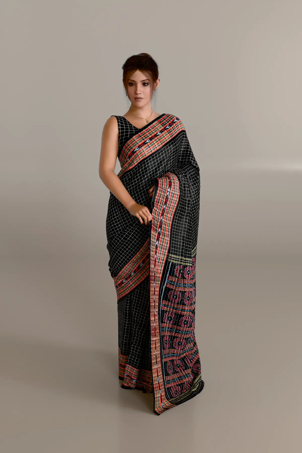 Black Check Pattern Sambalpuri Cotton Saree