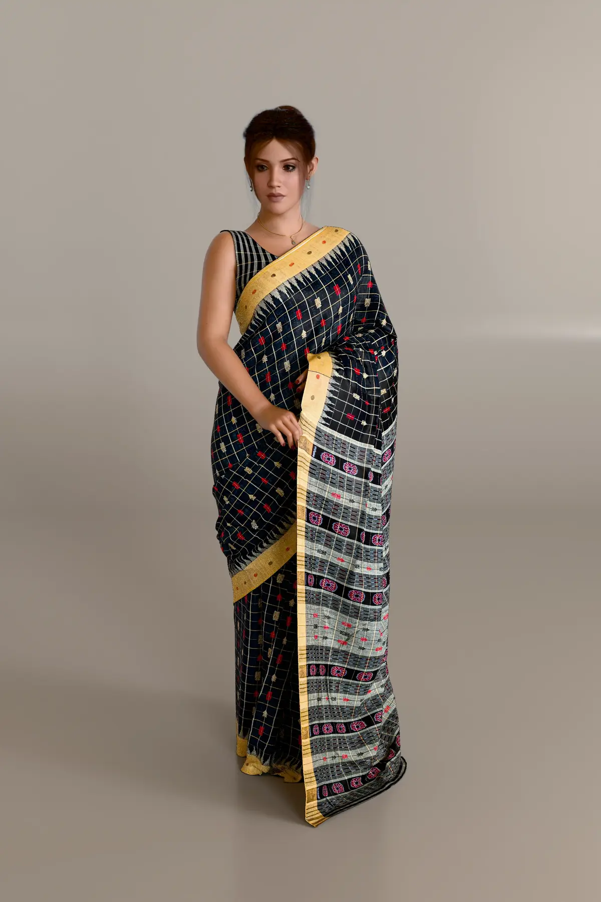 Black Beige Hazarbuti Sambalpuri Cotton Saree