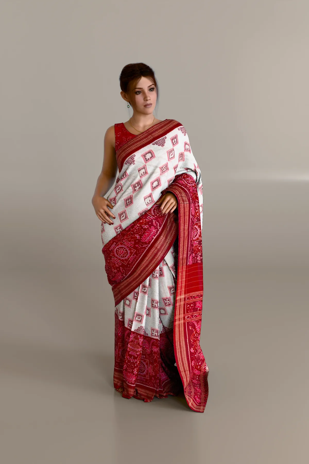 White Red Sambalpuri Cotton Saree