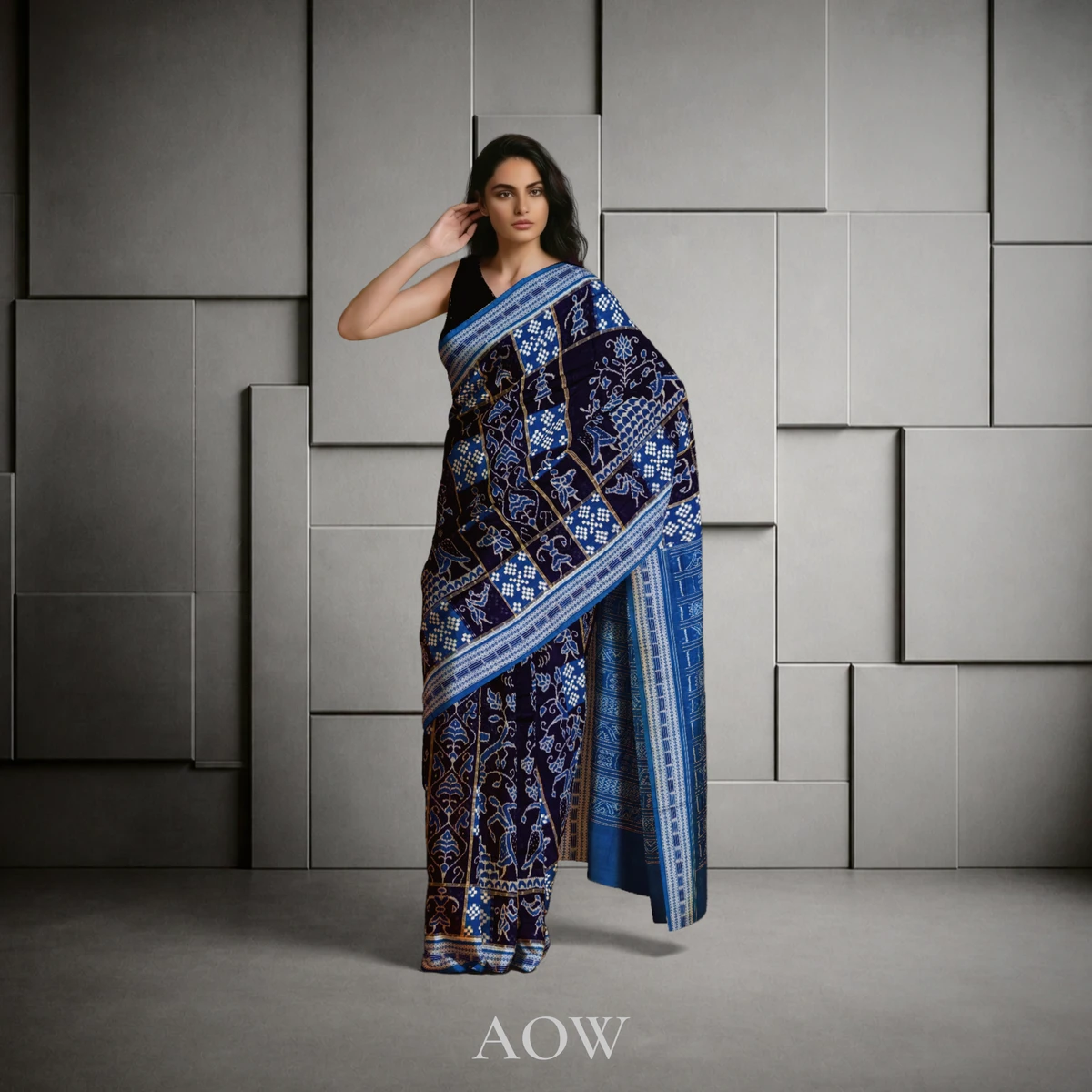 Navy Blue Black Sambalpuri Cotton Saree