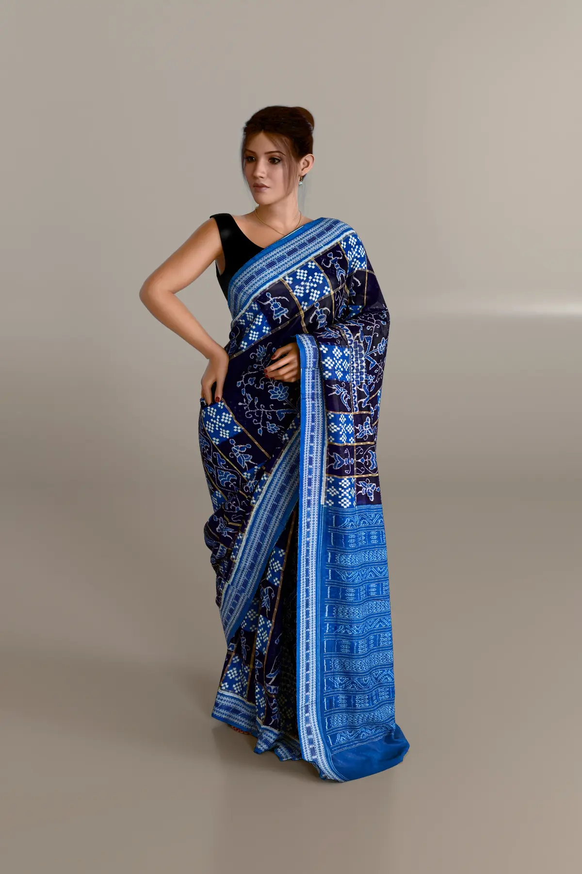 Navy Blue Black Sambalpuri Cotton Saree