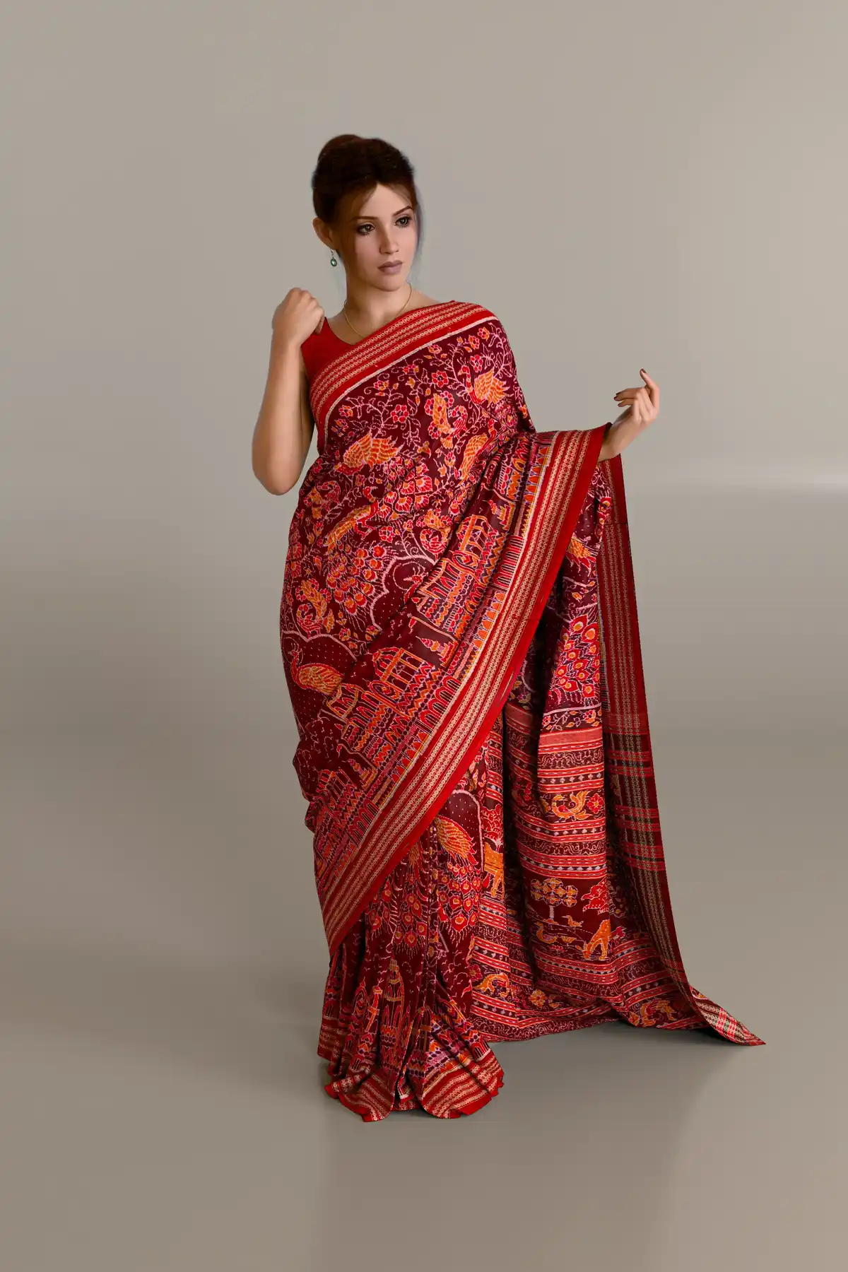 Red Mayura Gaccha Bandha Sambalpuri Cotton Saree