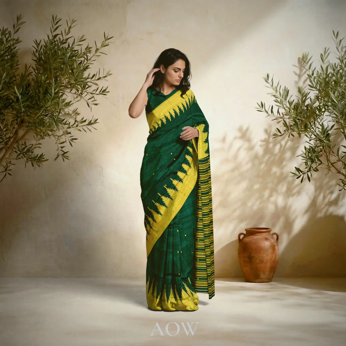 Single Anchal Green Yellow Berhampuri Pure Pata Saree