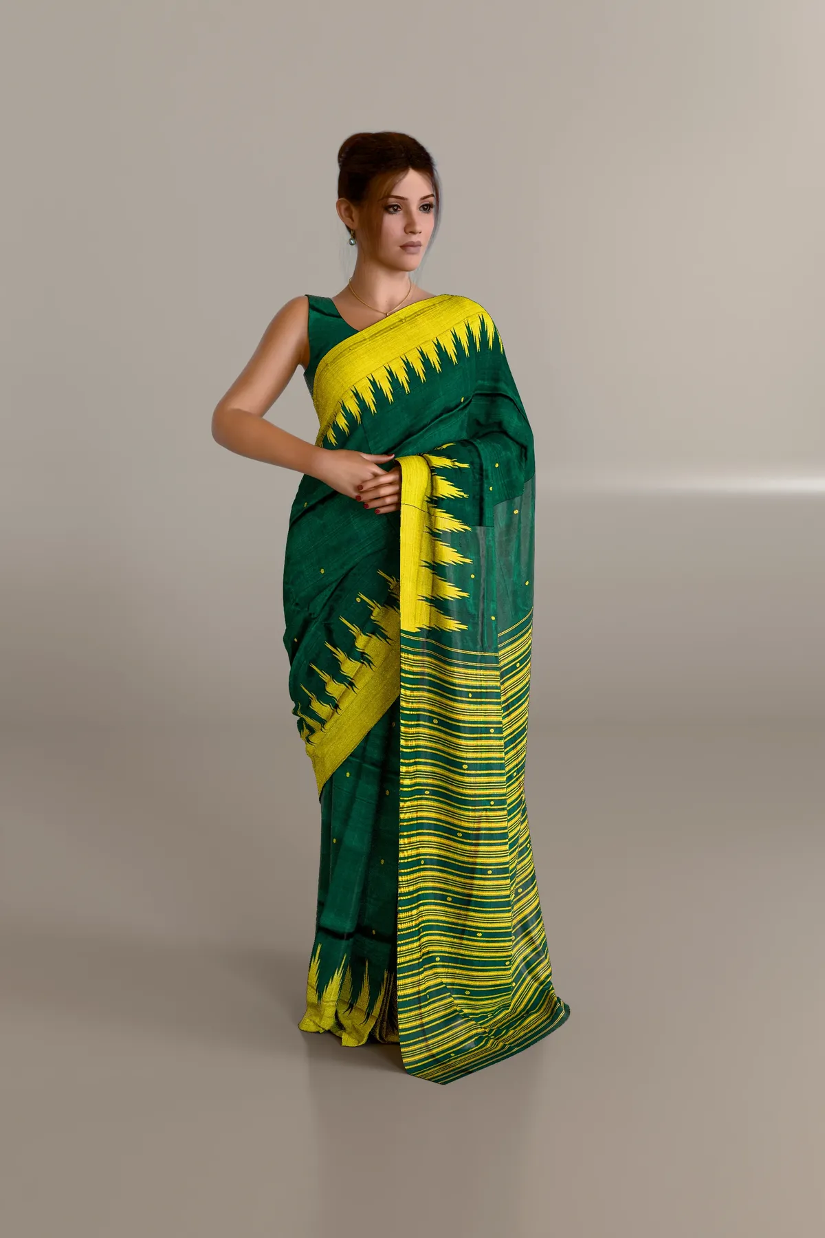 Single Anchal Green Yellow Berhampuri Pure Pata Saree