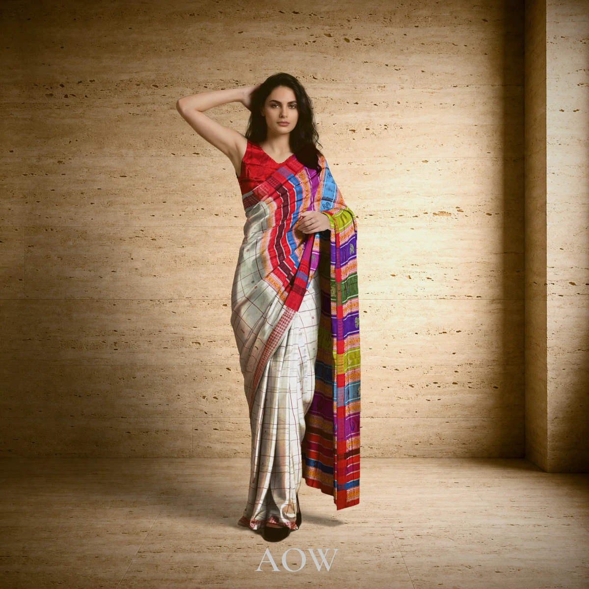 Double Anchal White Boxed Berhampuri Pure Pata Saree