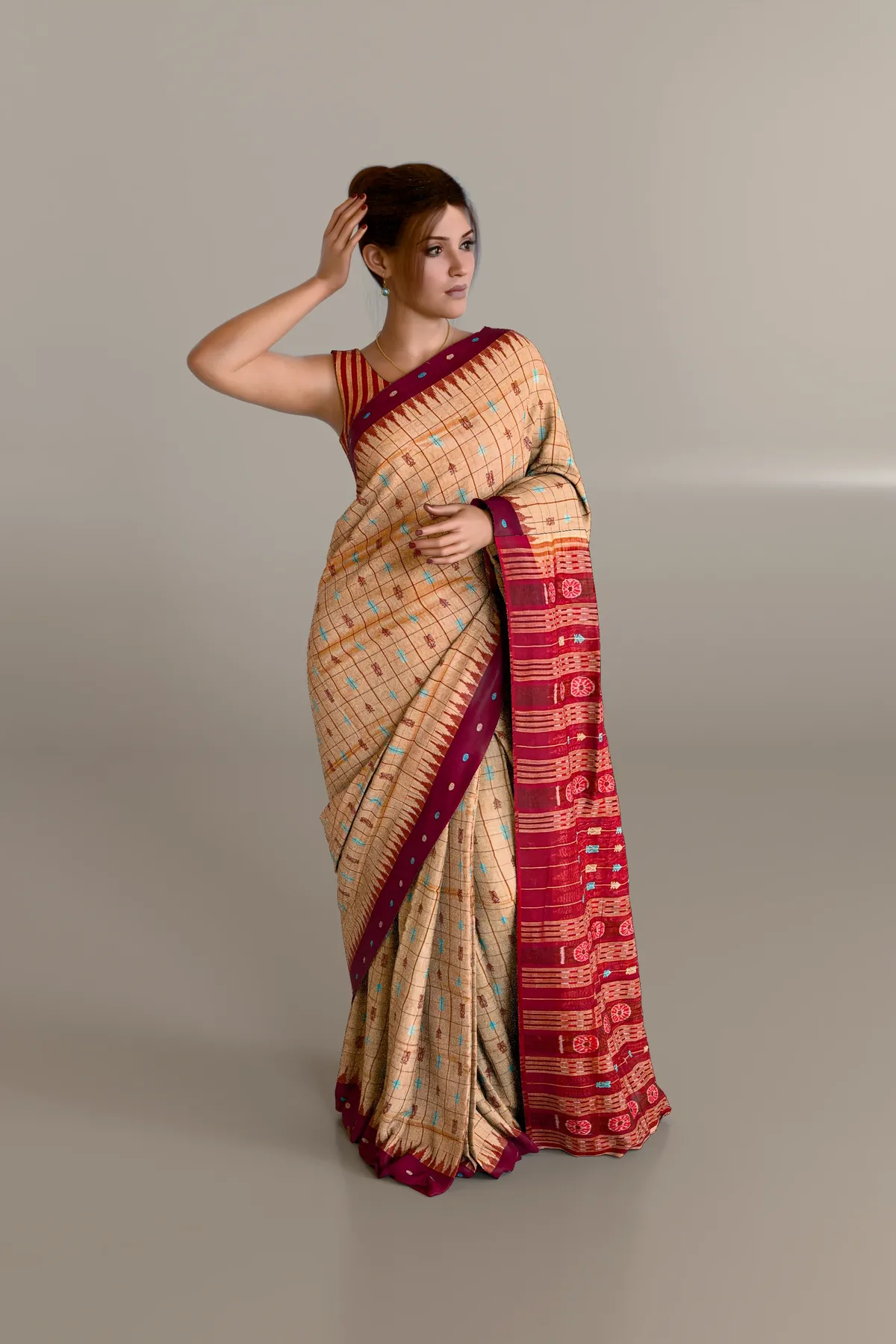 Beige Maroon Hazarbuti Sambalpuri Cotton Saree
