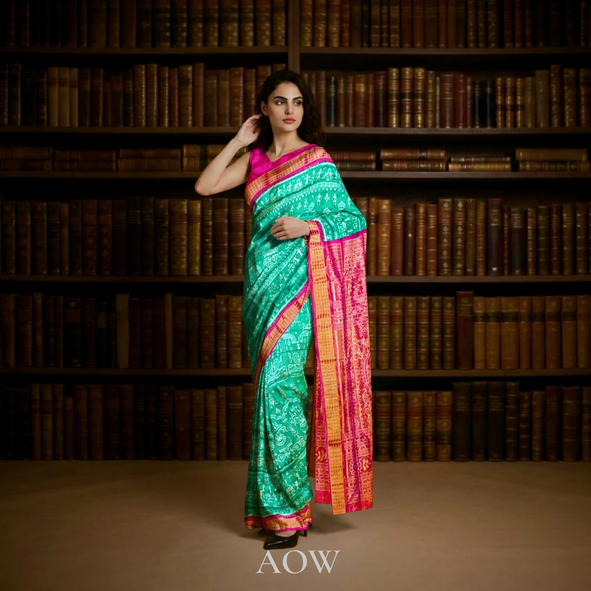 Teal Tribal Motif Sambalpuri Pure Pata Half Tissue Saree