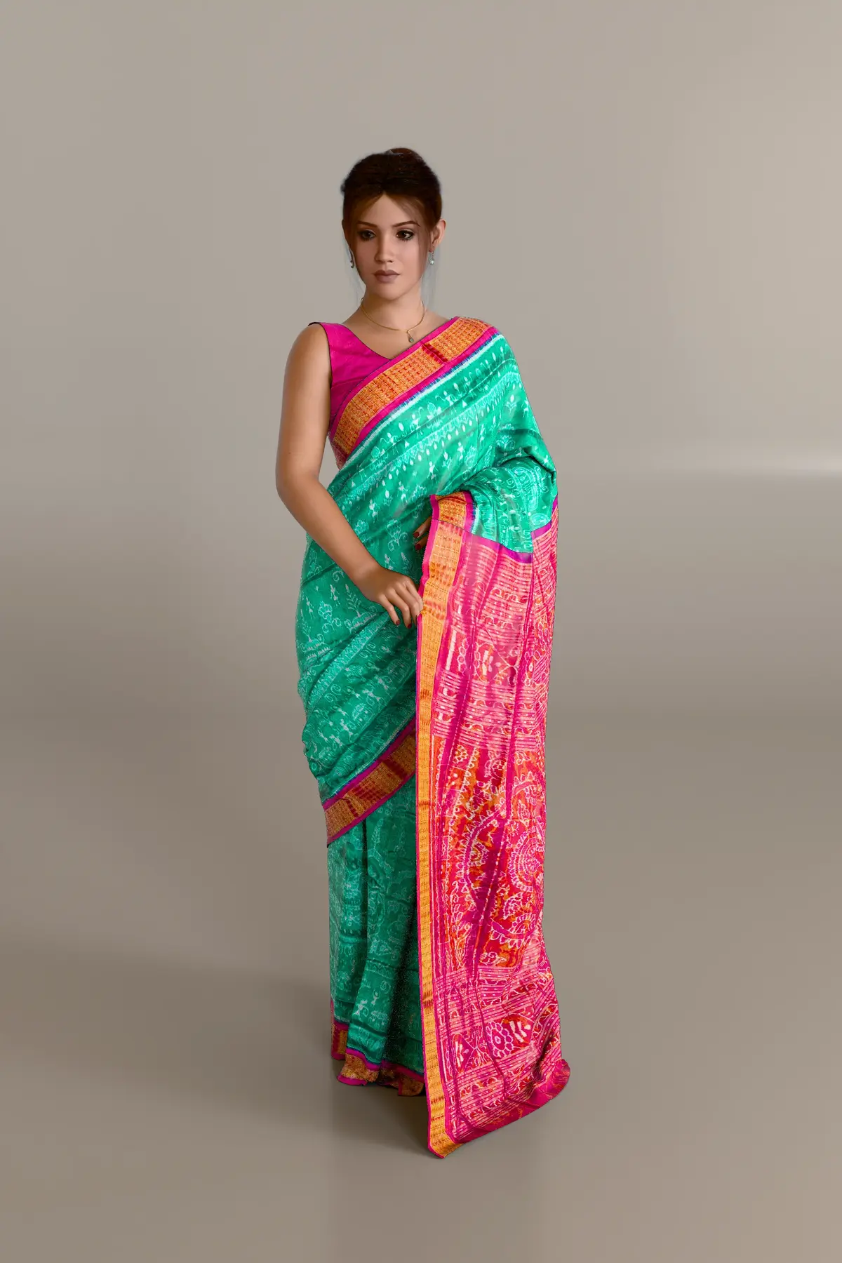 Teal Tribal Motif Sambalpuri Pure Pata Half Tissue Saree