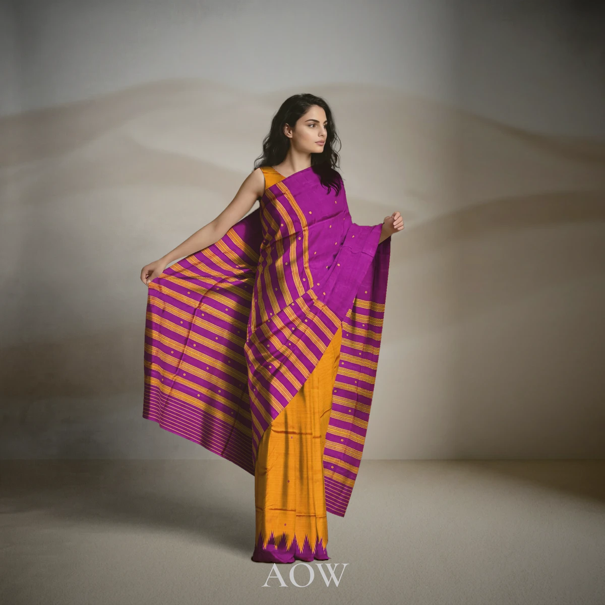 Mustard Pink Triple Anchal Berhampuri Pure Pata Saree