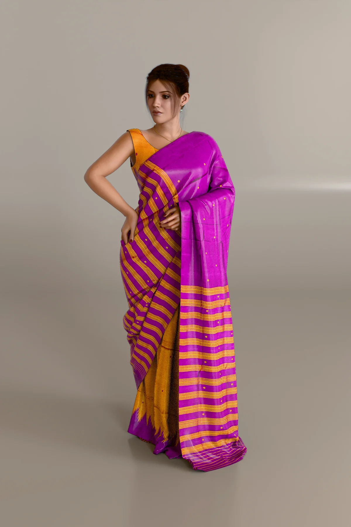 Mustard Pink Triple Anchal Berhampuri Pure Pata Saree