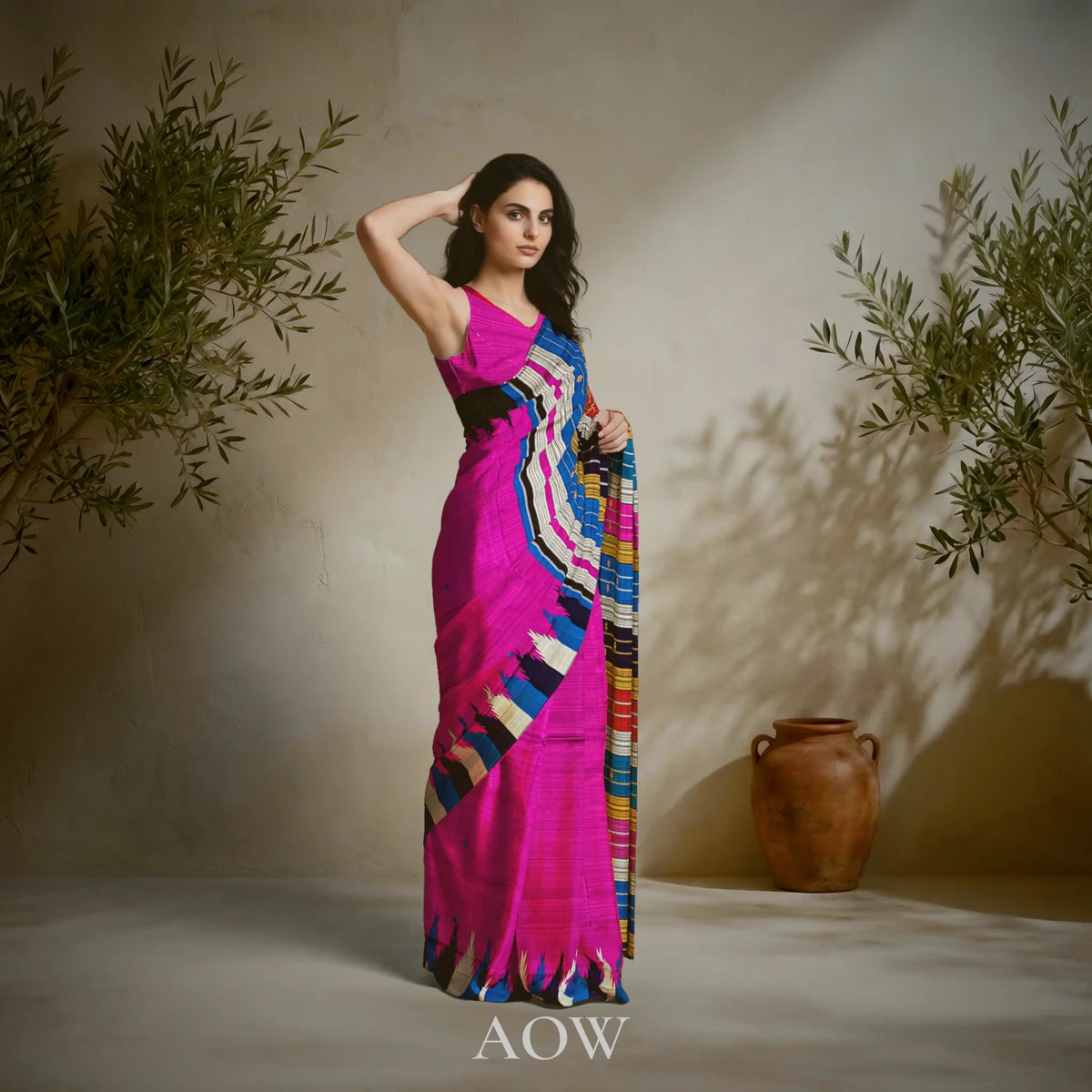 Pink Alternate Border Double Anchal Berhampuri Pure Pata Saree