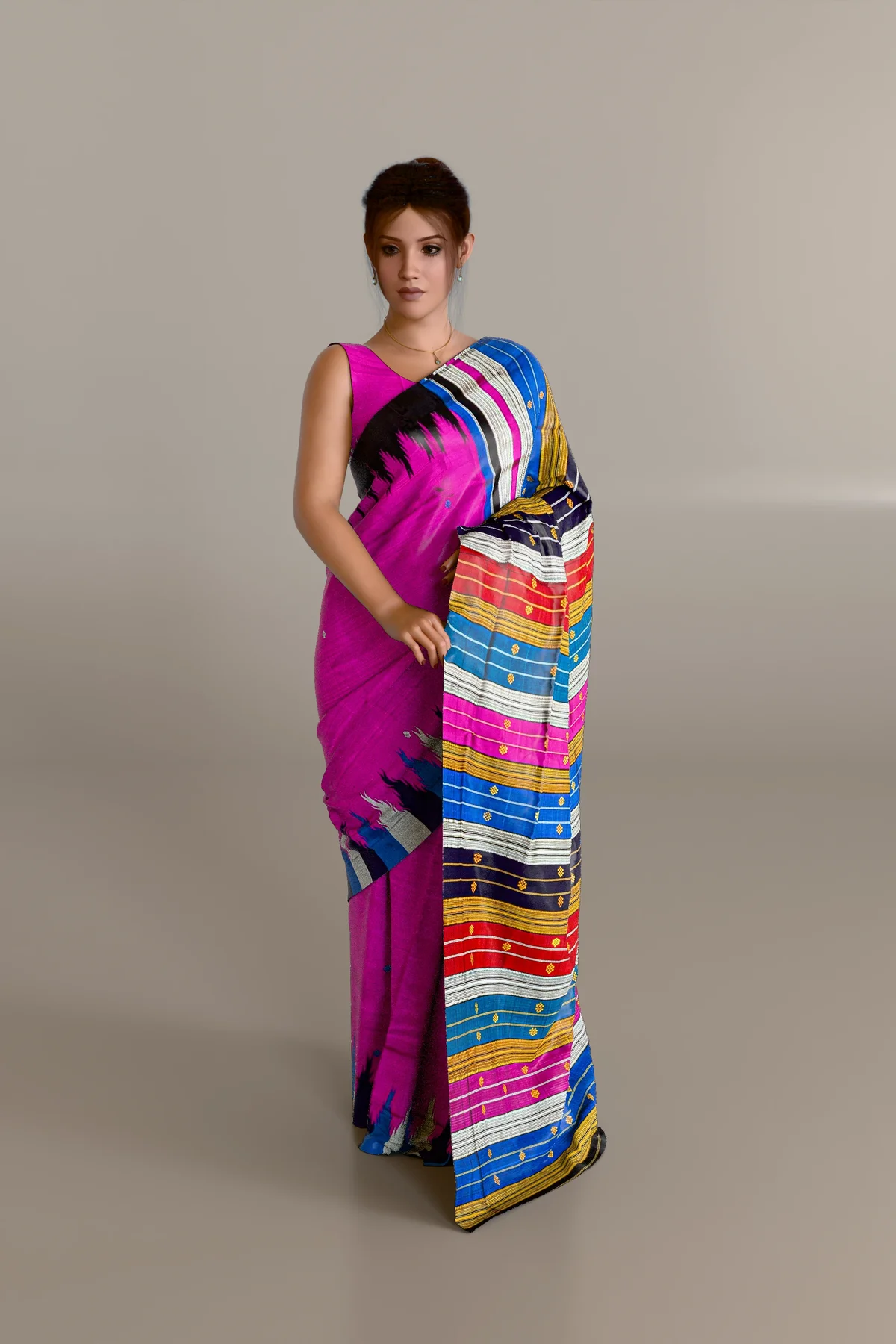Pink Alternate Border Double Anchal Berhampuri Pure Pata Saree