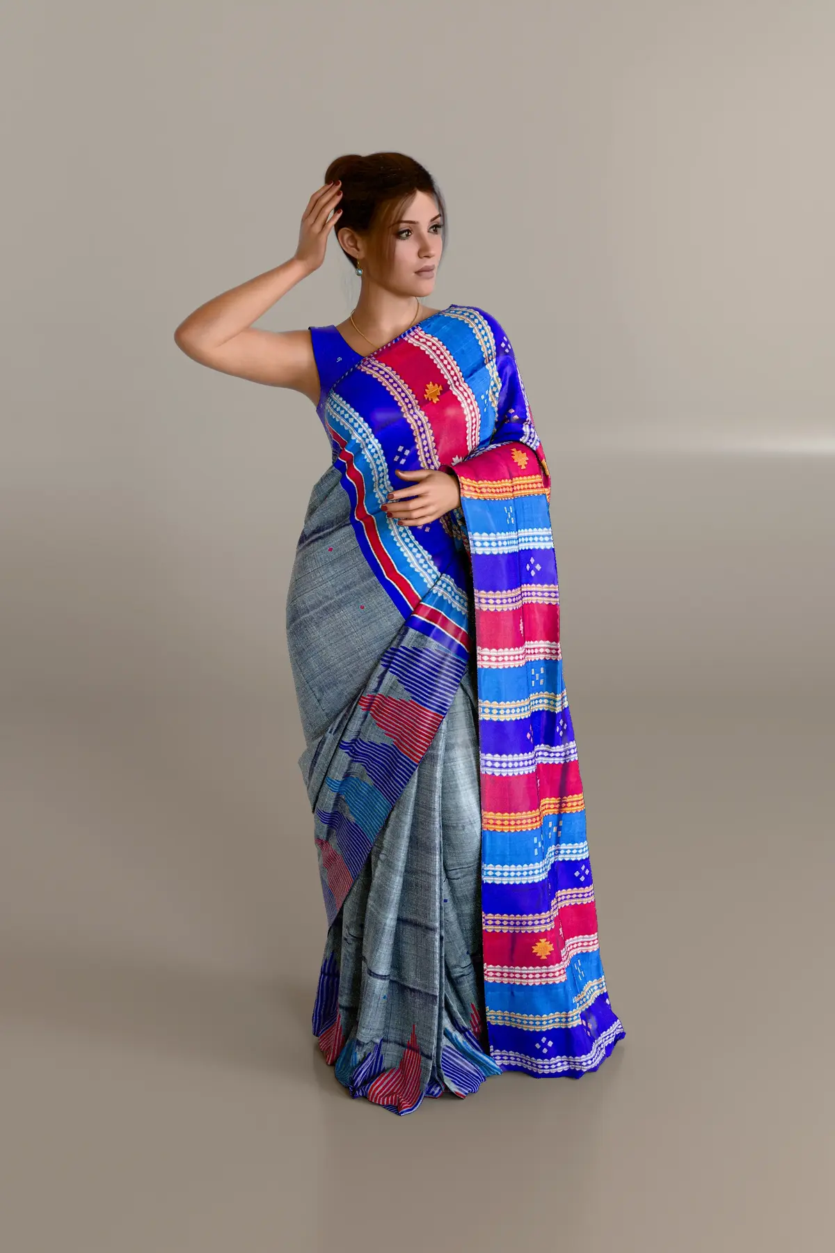 Gray Alternate Border Double Anchal Berhampuri Pure Pata Saree