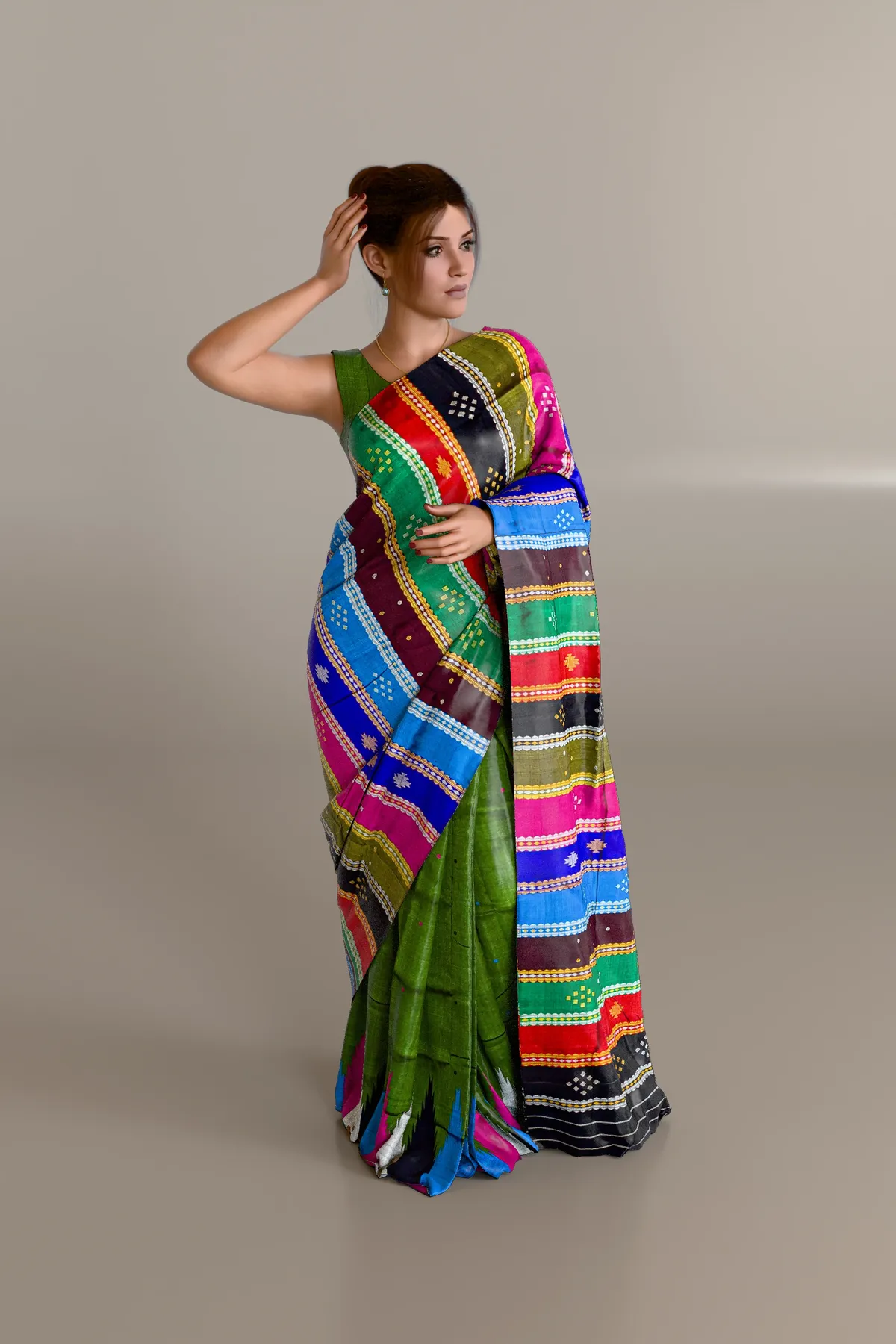 Green Alternate Border Triple Anchal Berhampuri Pure Pata Saree