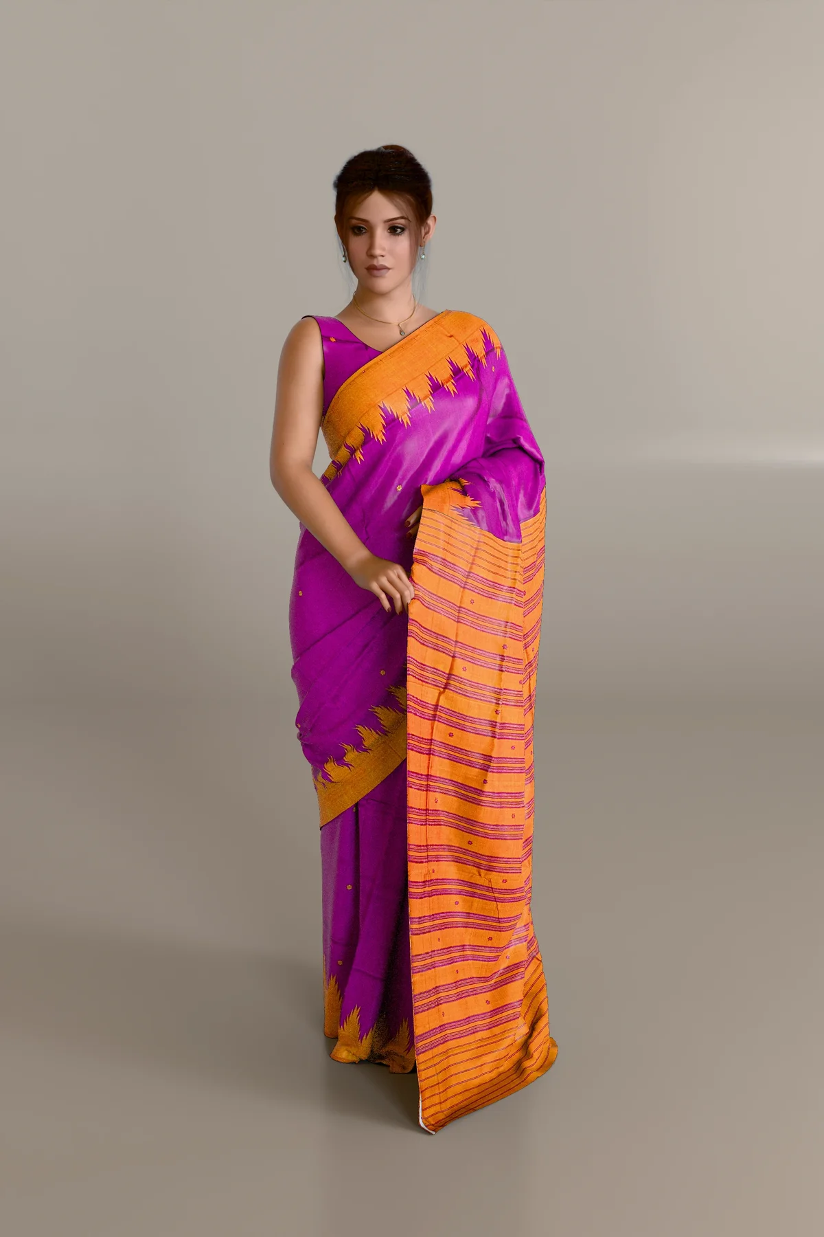 Pink Mustard Border Berhampuri Pure Pata Saree