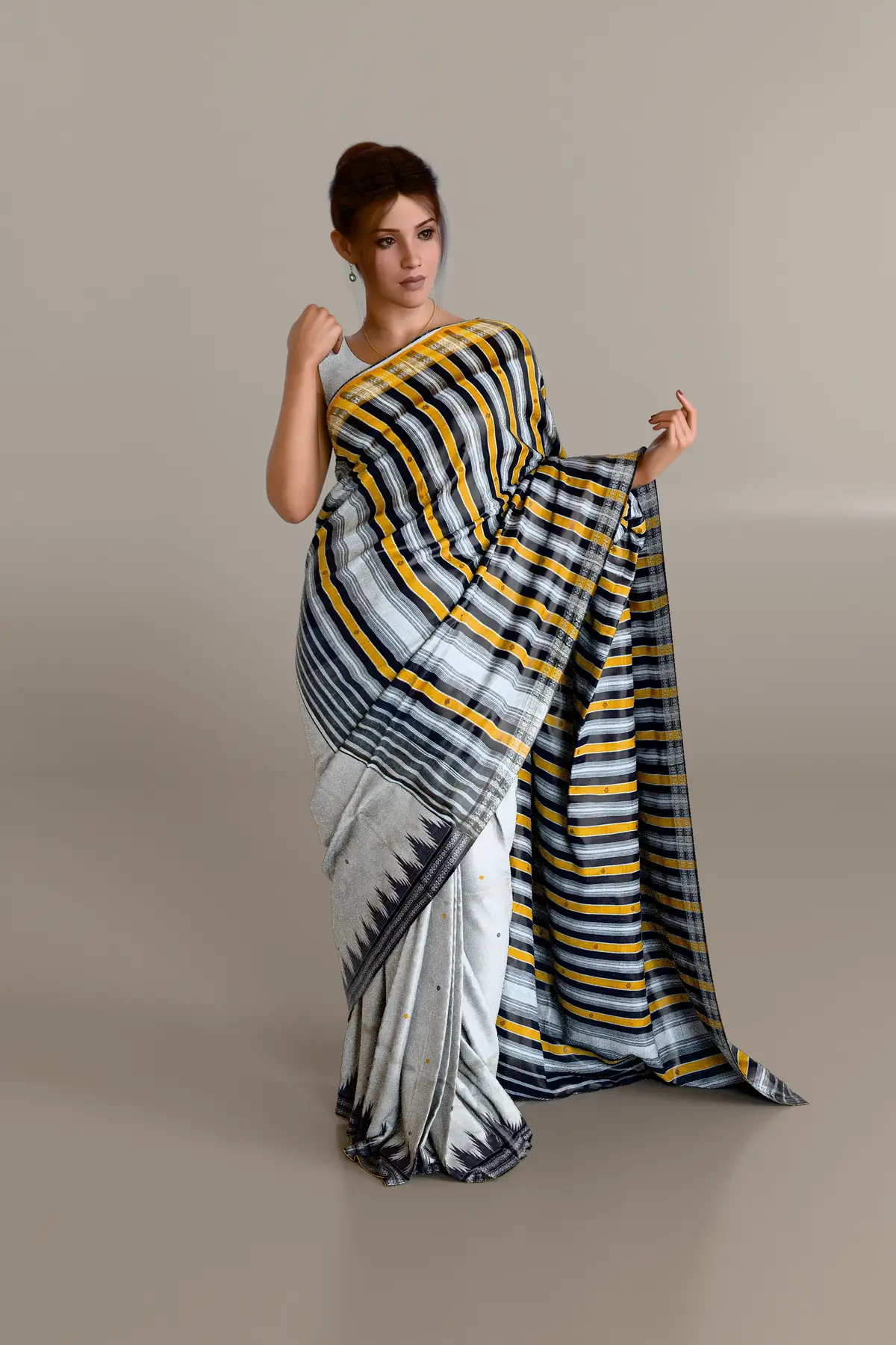 Cream Berhampuri Pure Pata Saree