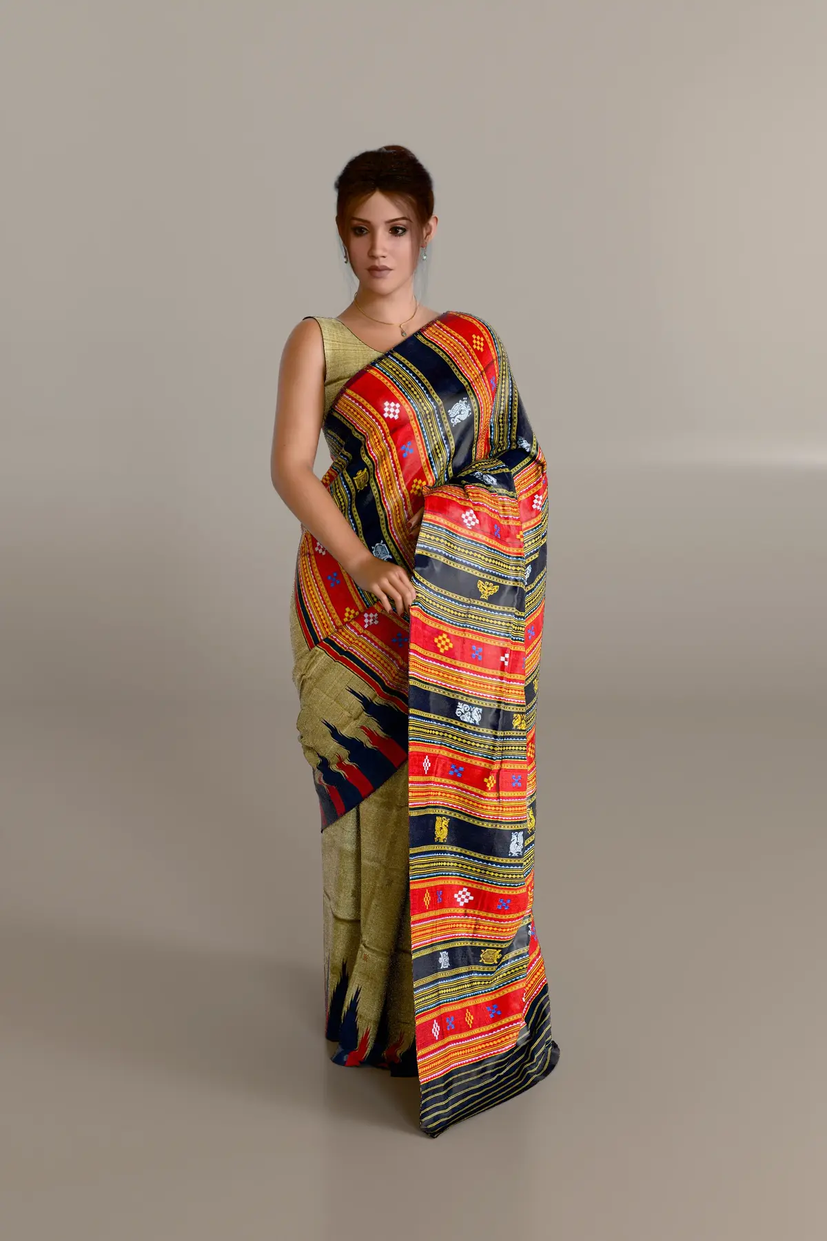 Golden Alternate Border Double Anchal Berhampuri Pure Pata Saree