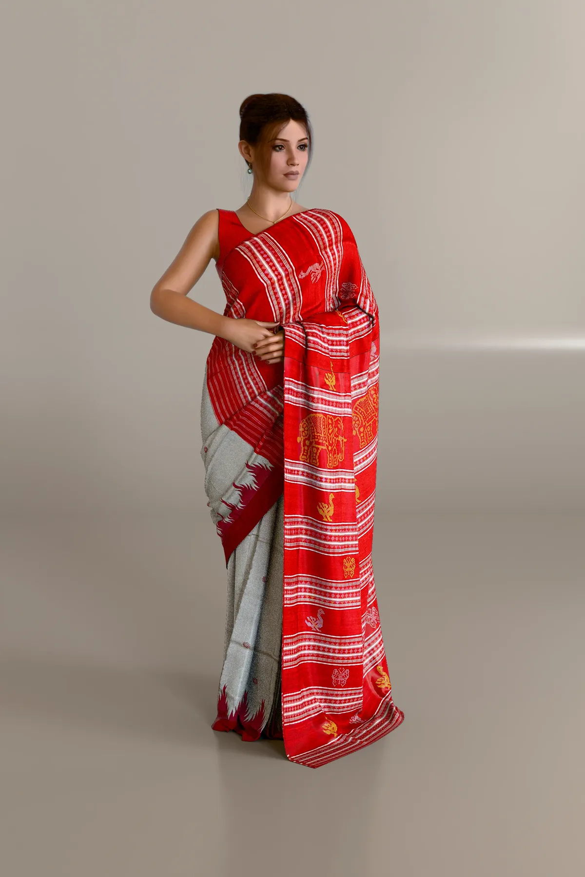 Cream Red Double Anchal Berhampuri Pure Pata Saree