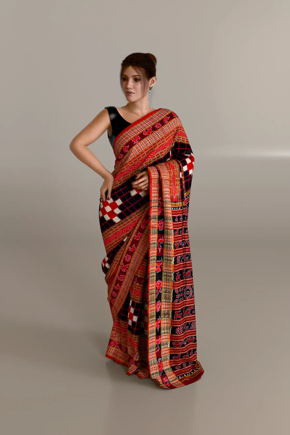 Red Black Bichitrapuri Sambalpuri Cotton Saree