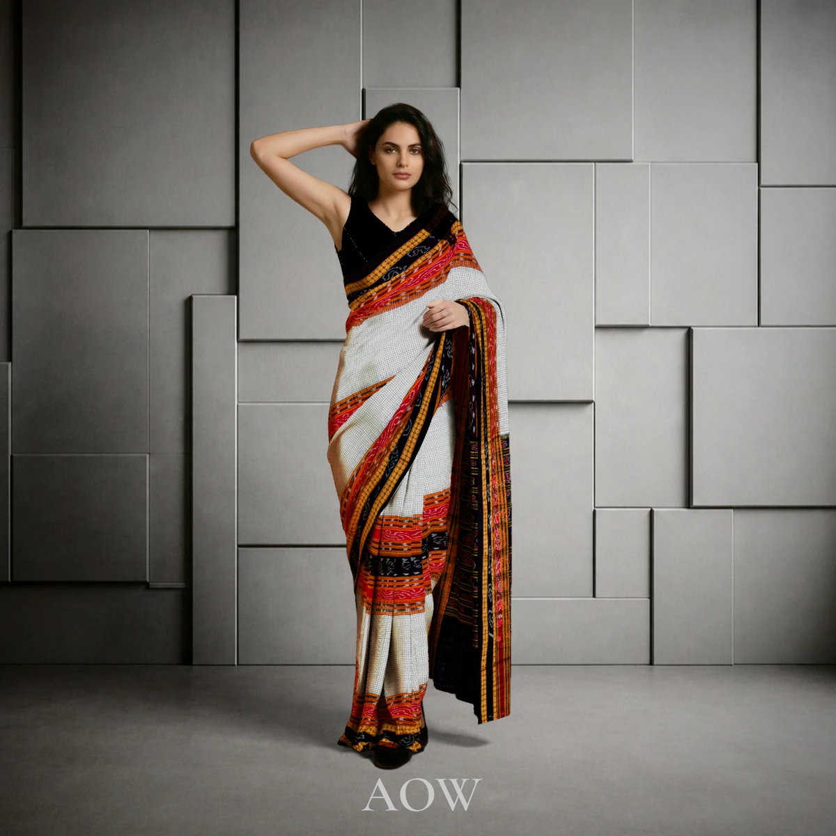 White Sachipara Sambalpuri Cotton Saree