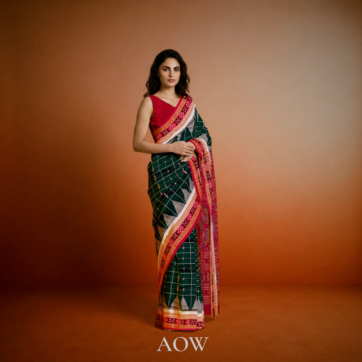 Bottle Green Hazarbuti Sambalpuri Cotton Saree