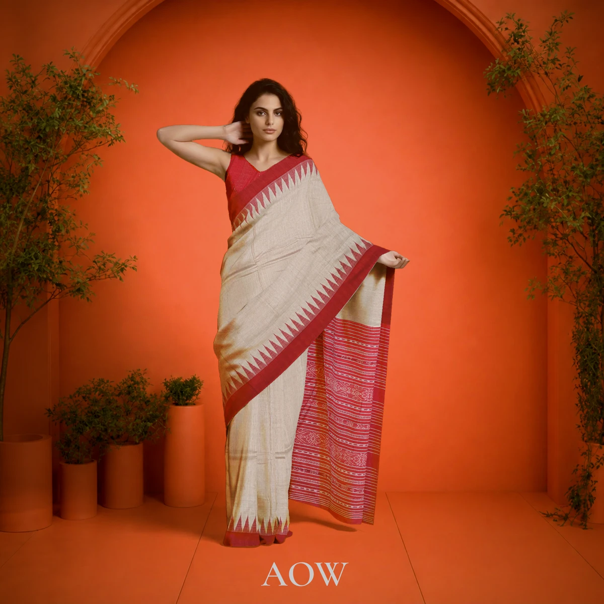 Beige Red Border Eri Silk Saree