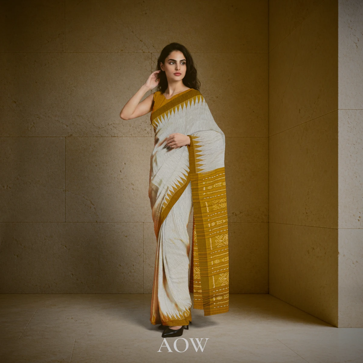 Beige Mustard Border Eri Silk Saree
