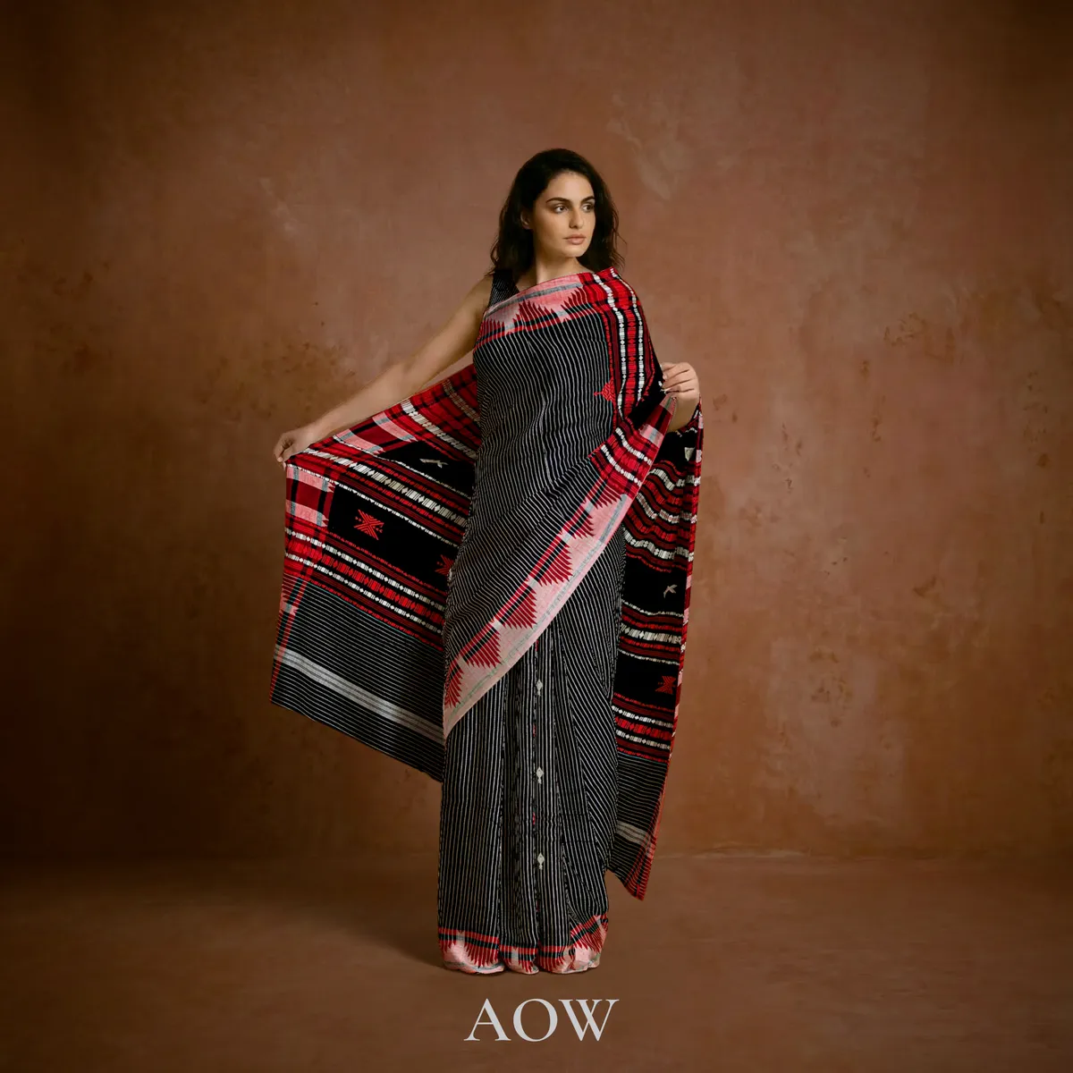Black Striped Body with Red Border Kotpad Cotton Saree