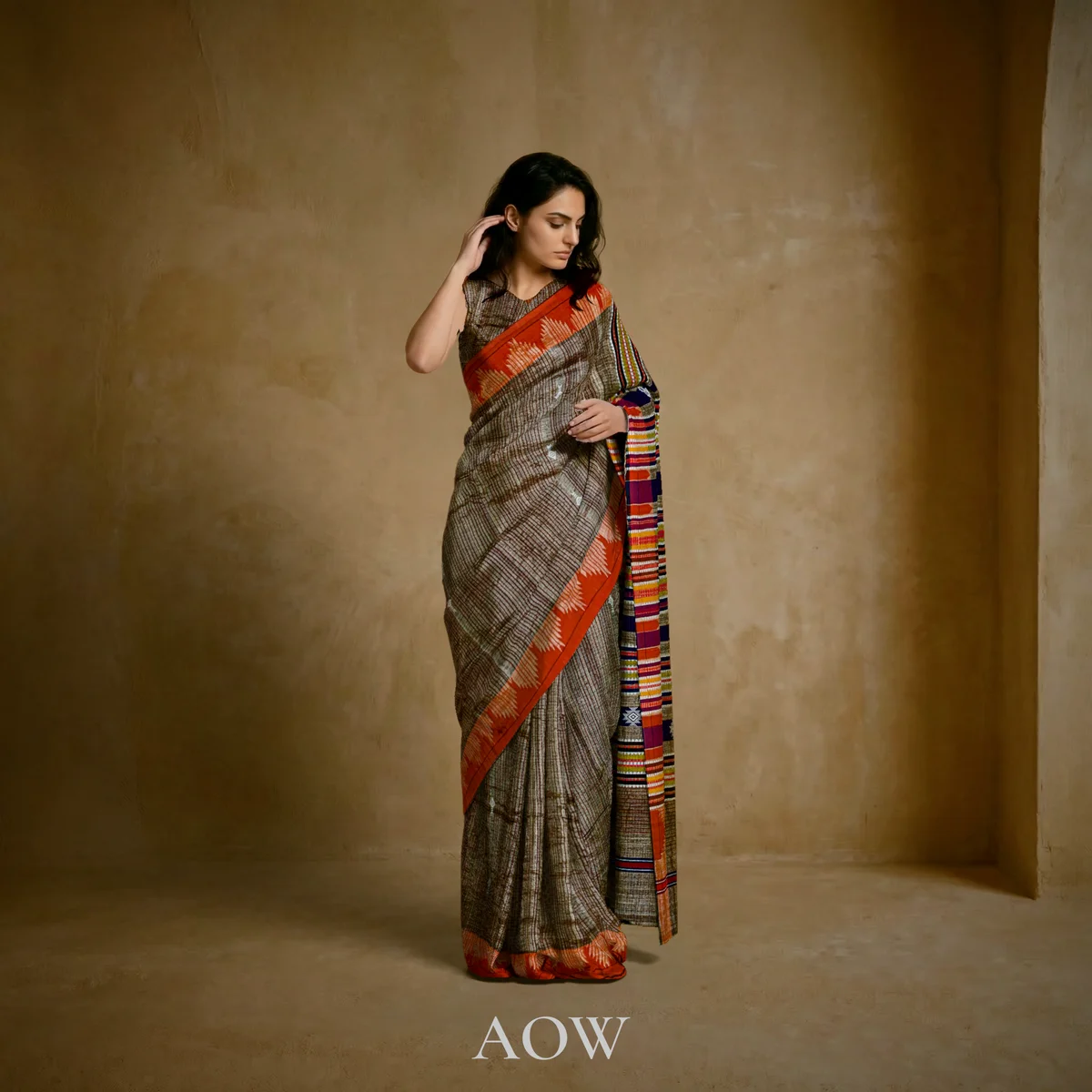 Straw Body with Red Border Kotpad Tussar Silk Saree