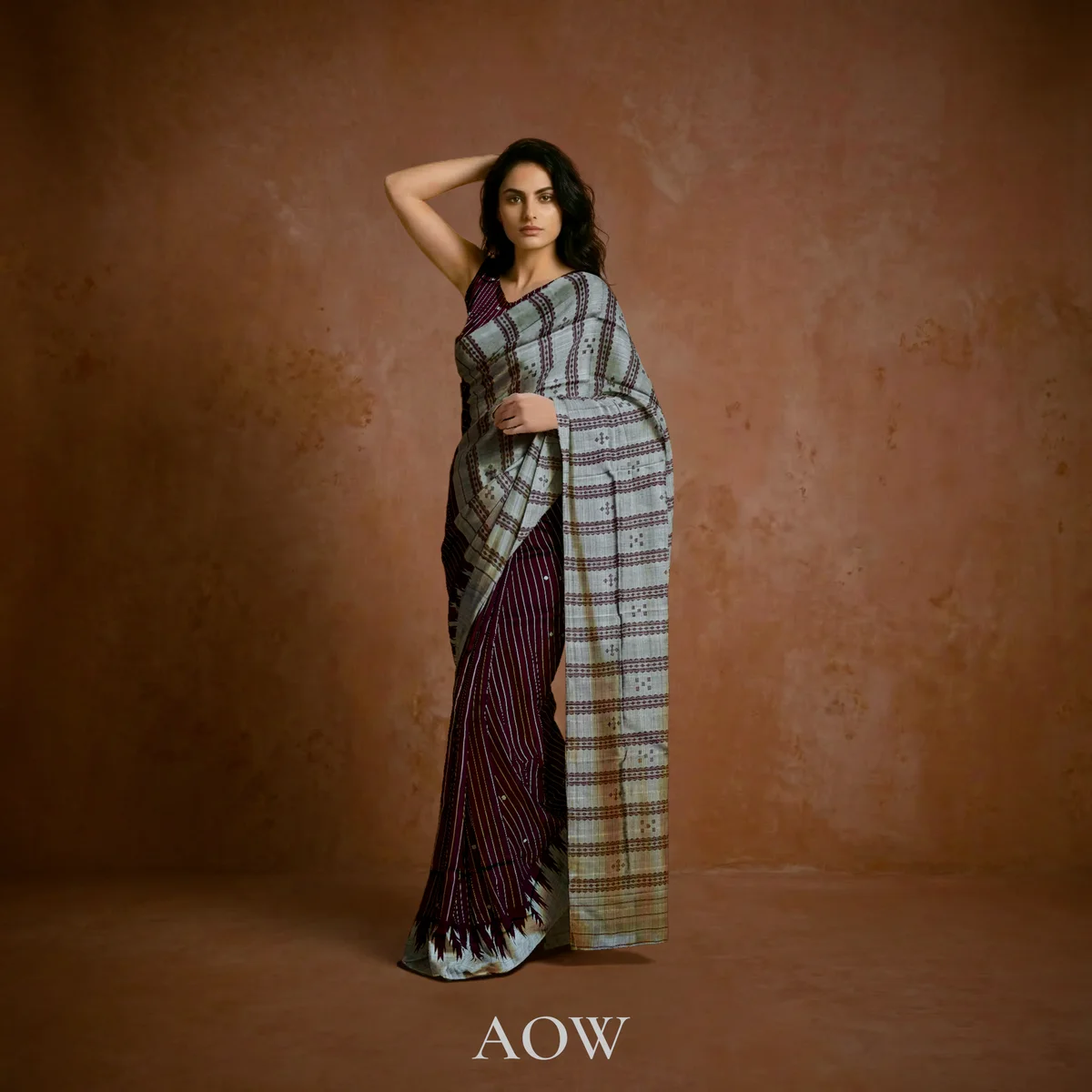 Maroon Body Silver Pallu Double Anchal Berhampuri Pure Pata Saree