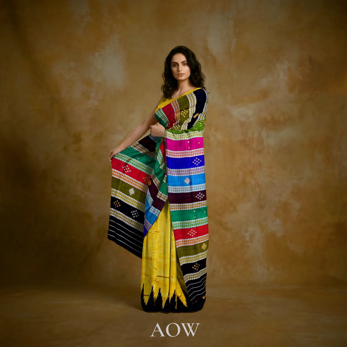 Yellow Triple Anchal Berhampuri Pure Pata Saree 