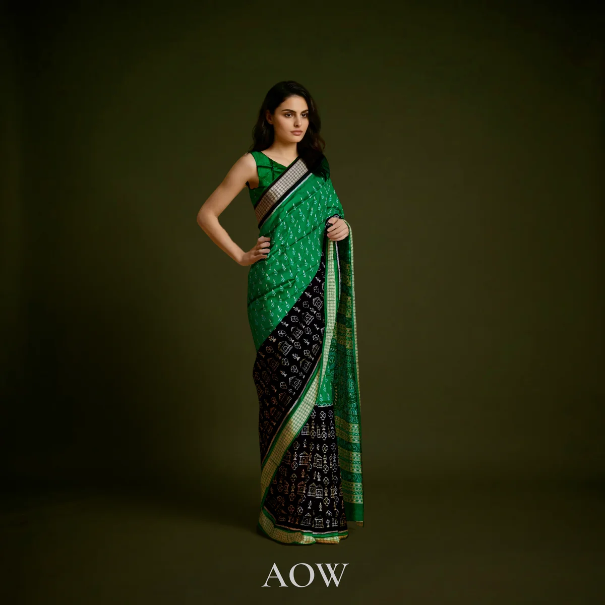 Green Half n Half Sambalpuri Pure Pata Saree 