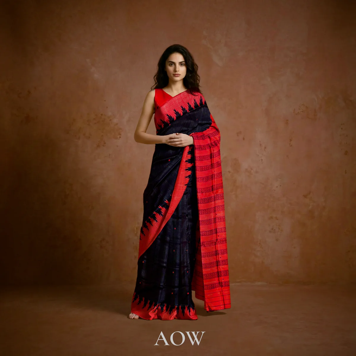 Black Red Berhampuri Pure Pata Saree 