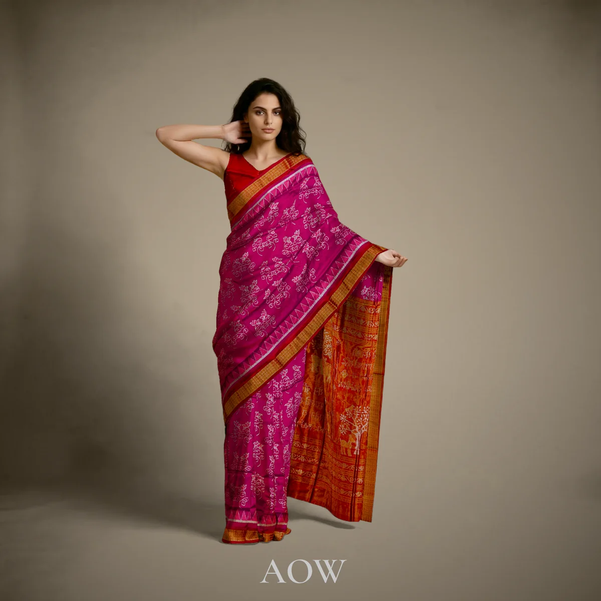 Pink Flower Motif Sambalpuri Pure Pata Anchal Tissue Saree