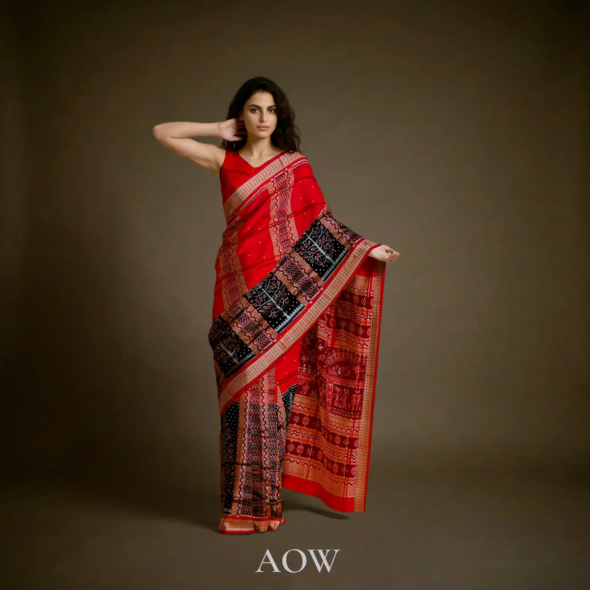 Red Half n Half Gaccha Sambalpuri Pure Pata Saree 