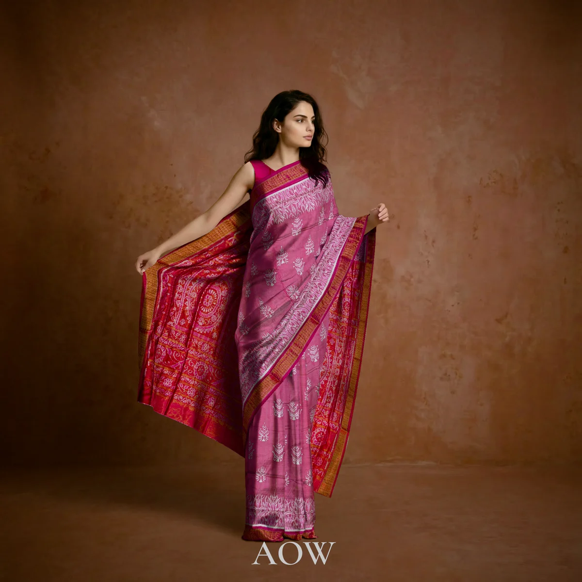 Pink Sambalpuri Pure Pata Half Tissue Saree