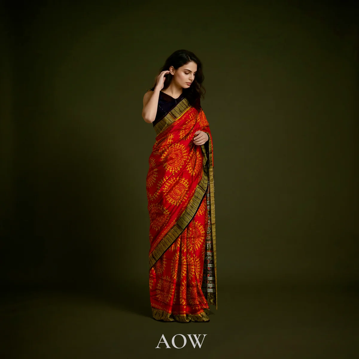 Red Jhoti Pattern Sambalpuri Pure Pata Half Tissue Saree 