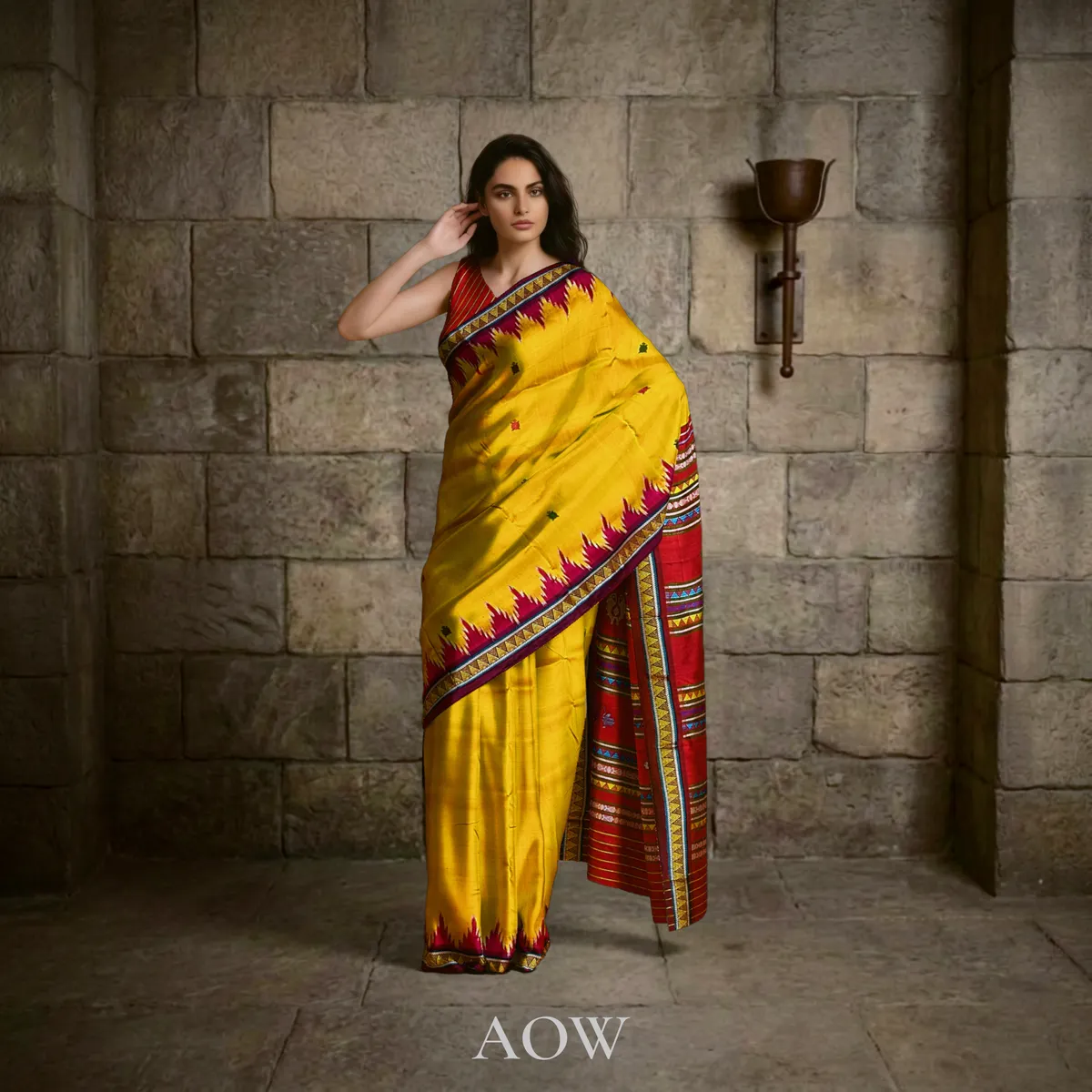 Yellow Turtle Motif Dongaria Pure Pata Saree