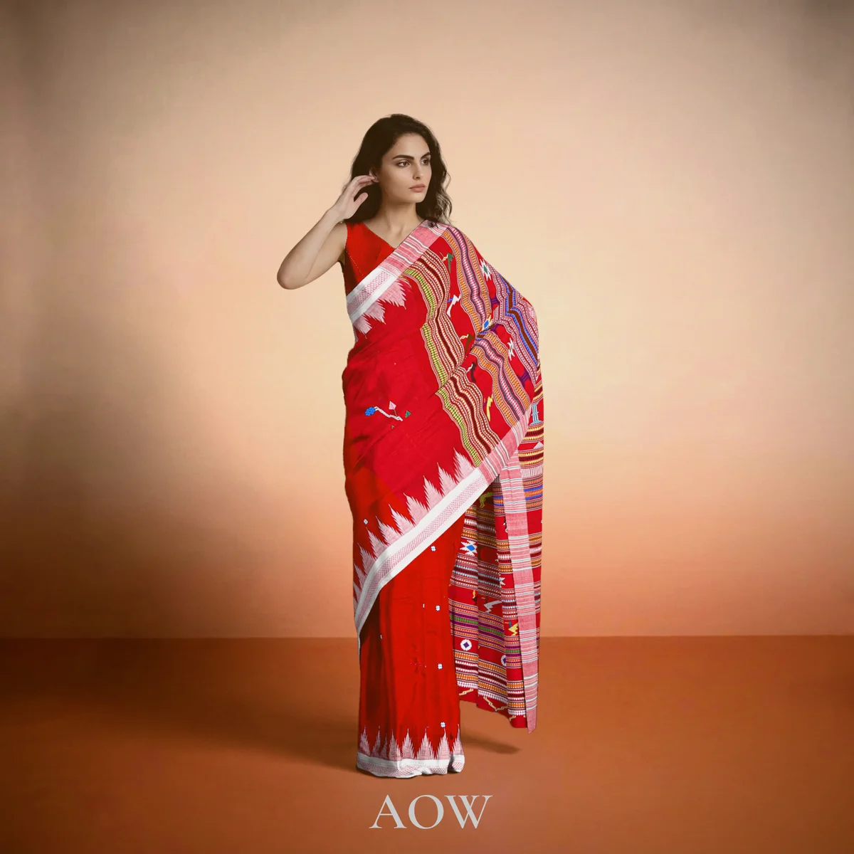 Red Double Anchal Ganjam Bomkei Cotton Saree