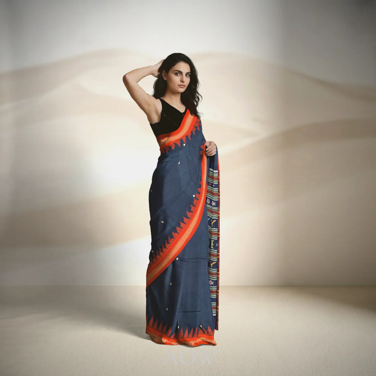 Navy Blue Ganjam Bomkei Cotton Saree