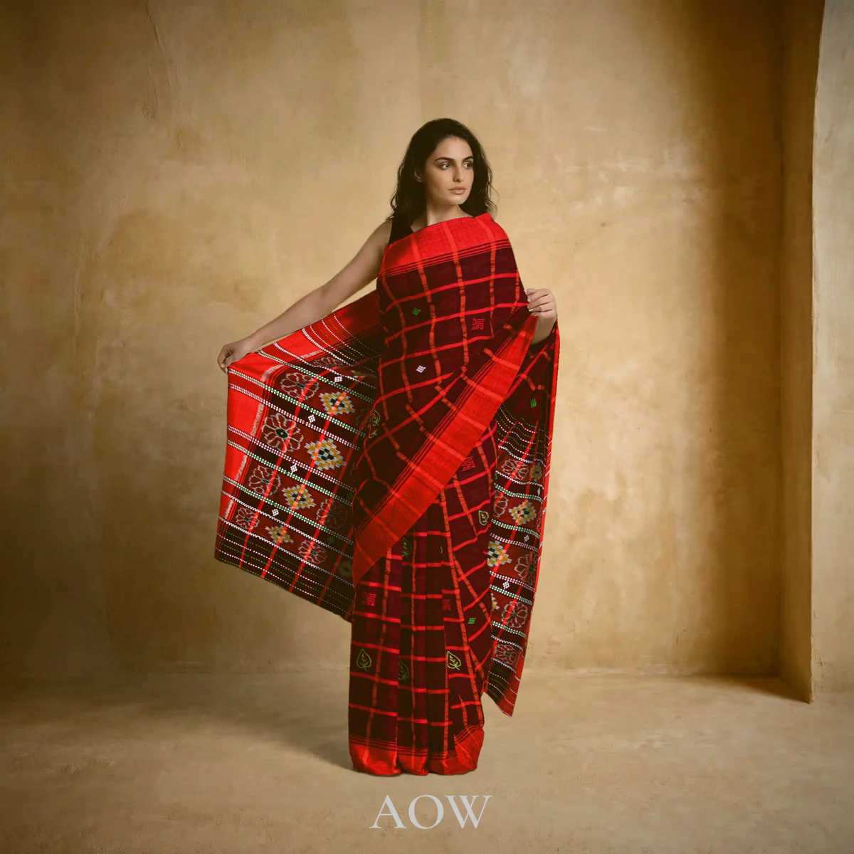 Coffee Red Santali Tussar-Cotton Saree