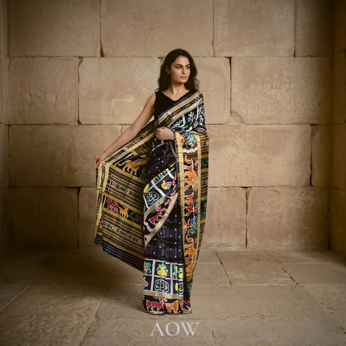 Black Animal Motif Khandua Pata Saree