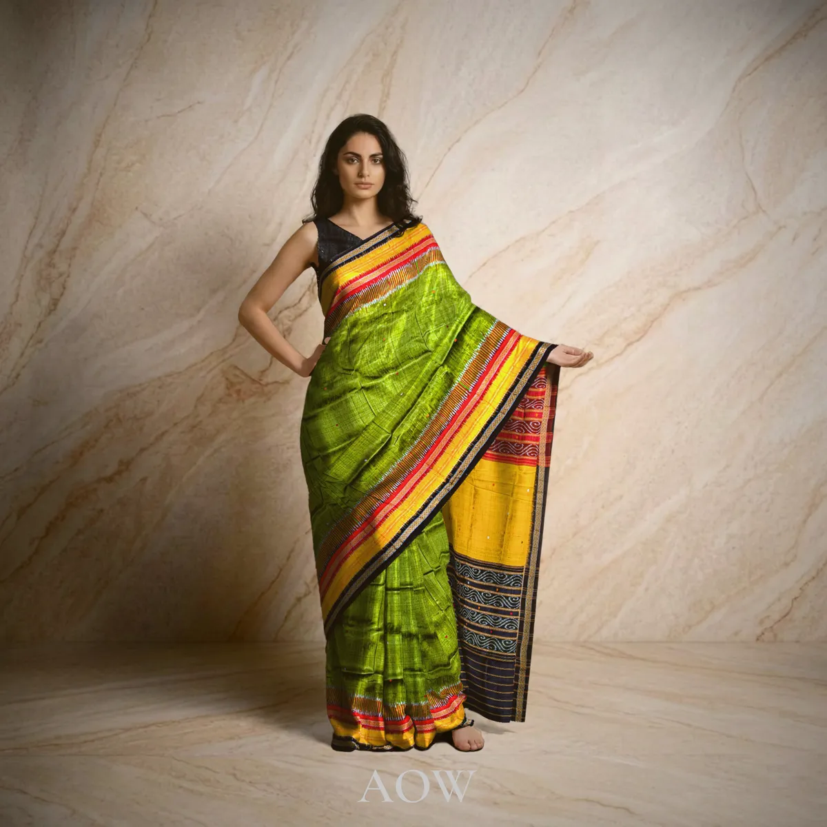 Green Yellow Kathiphera Khandua Pata Saree