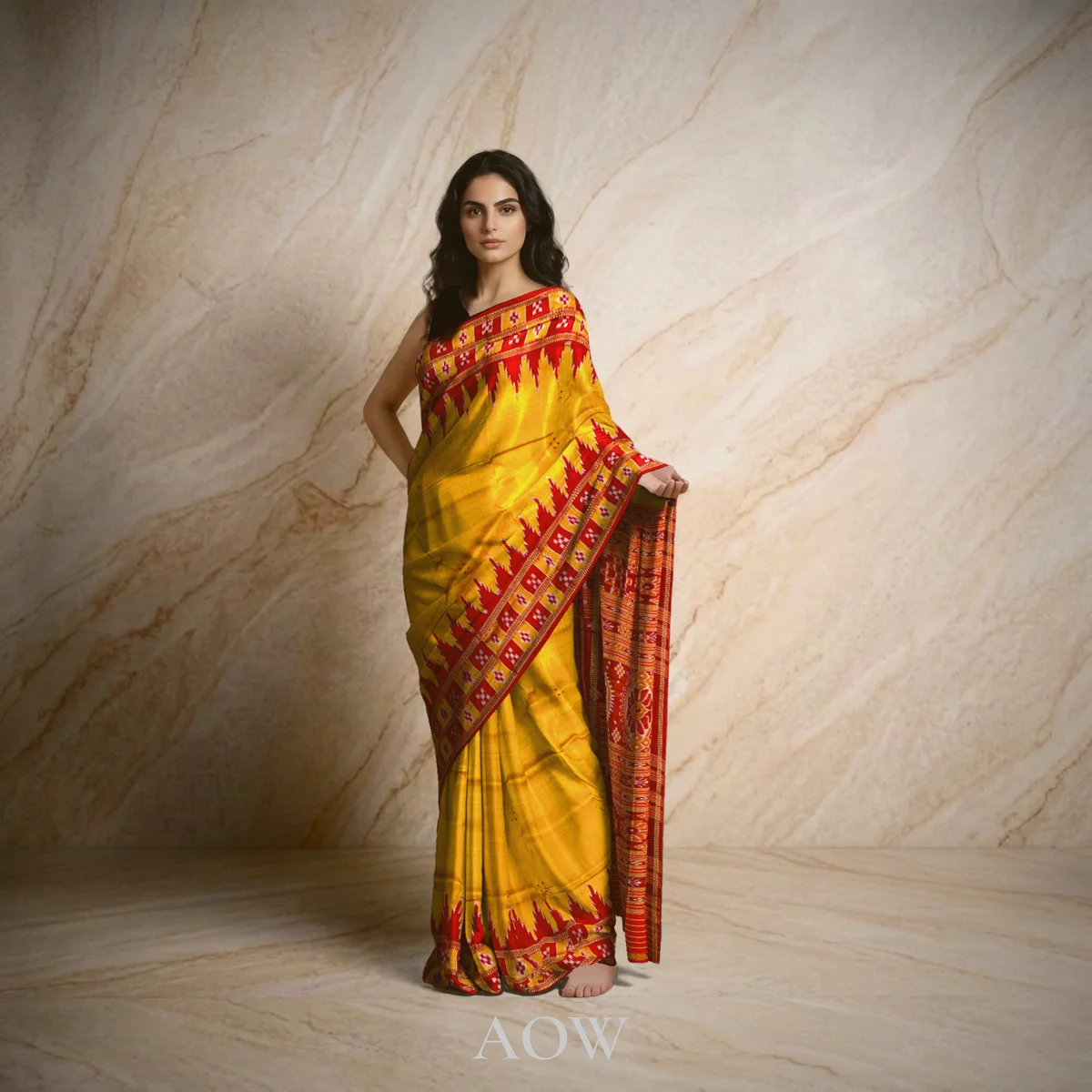 Yellow Box Border Khandua Pata Saree