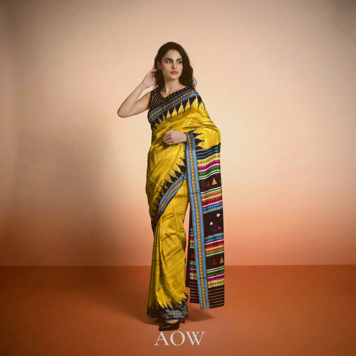 Yellow Black Border Dongaria Pata Saree