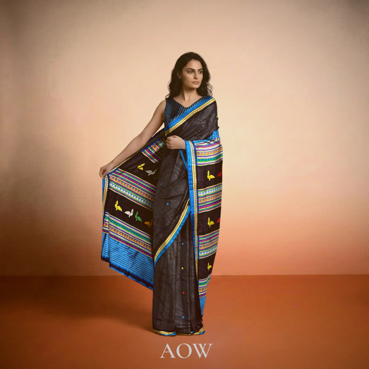 Black Bird-Motif Anchal Dongaria Pata Saree