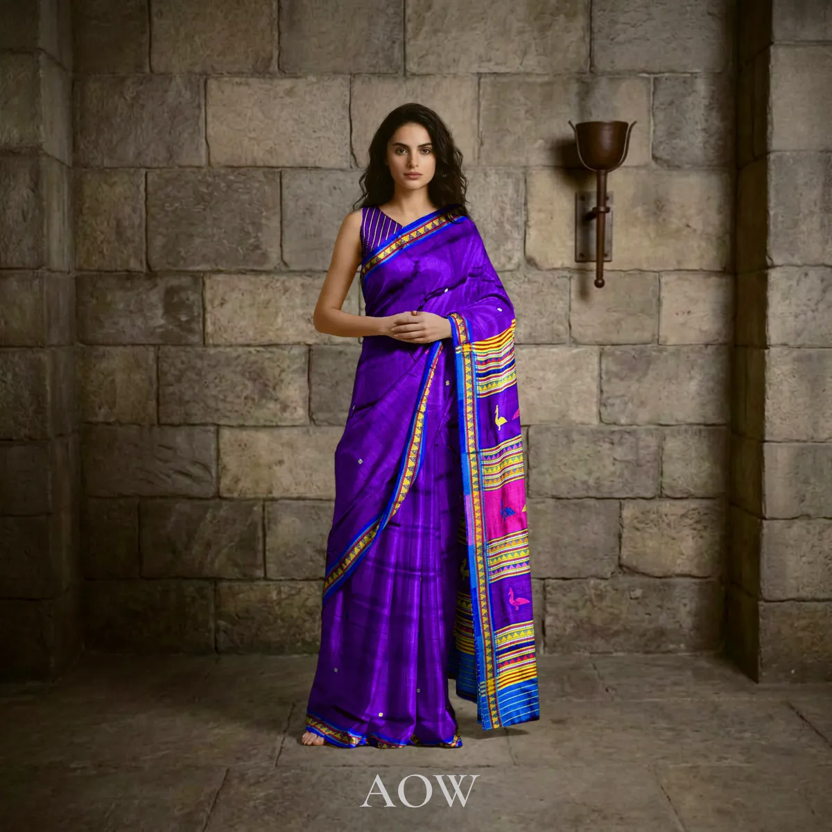 Violet Bird-Motif Anchal Dongaria Pata Saree