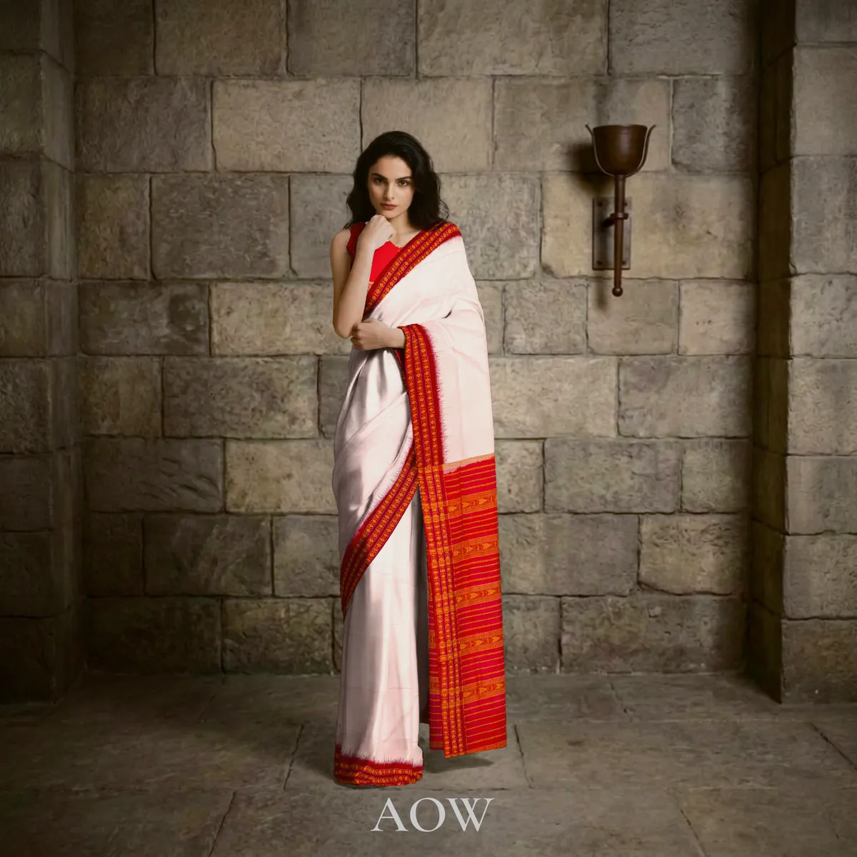 Beige Red Habaspuri Cotton Saree