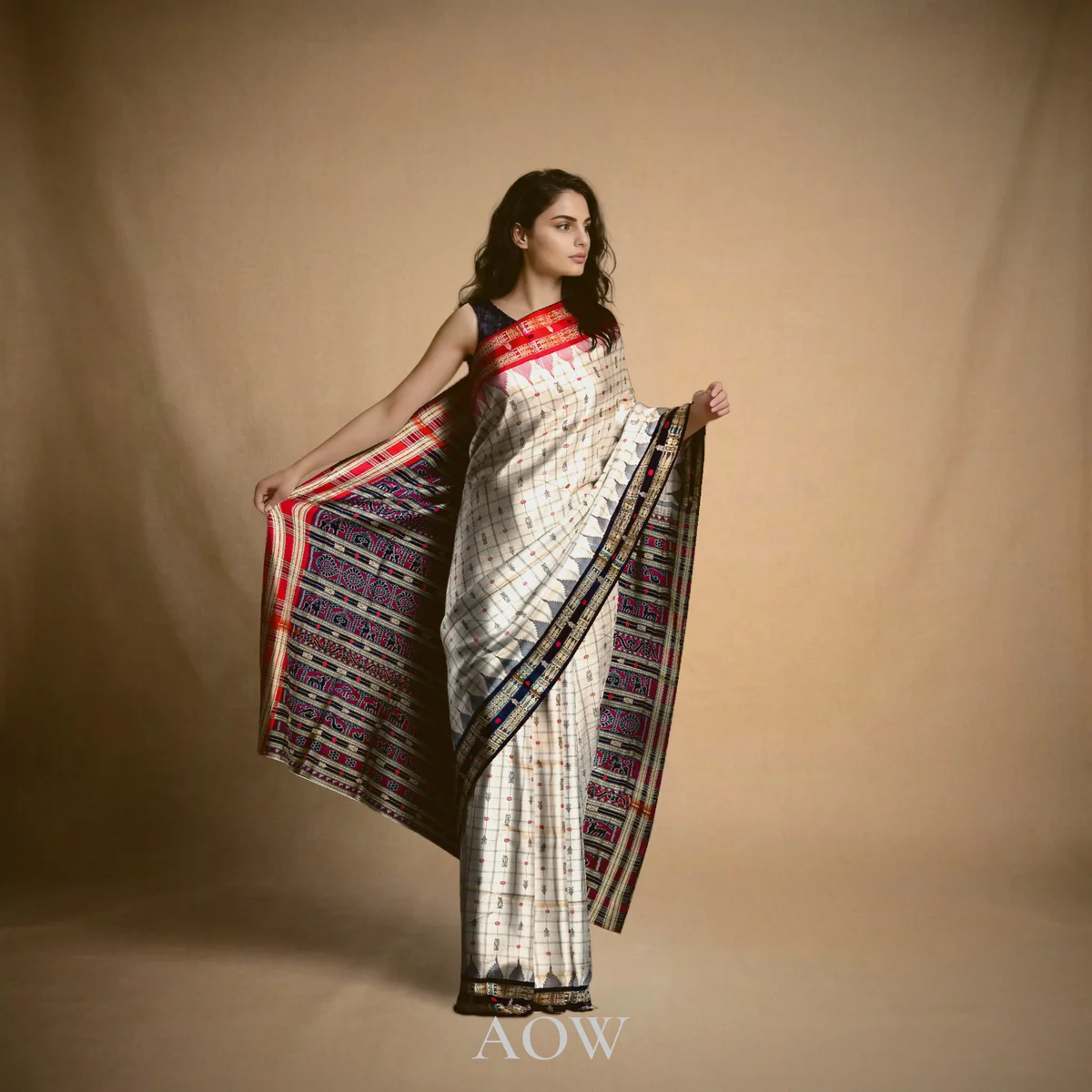 Beige Hazarbuti Sambalpuri Tussar Silk Saree