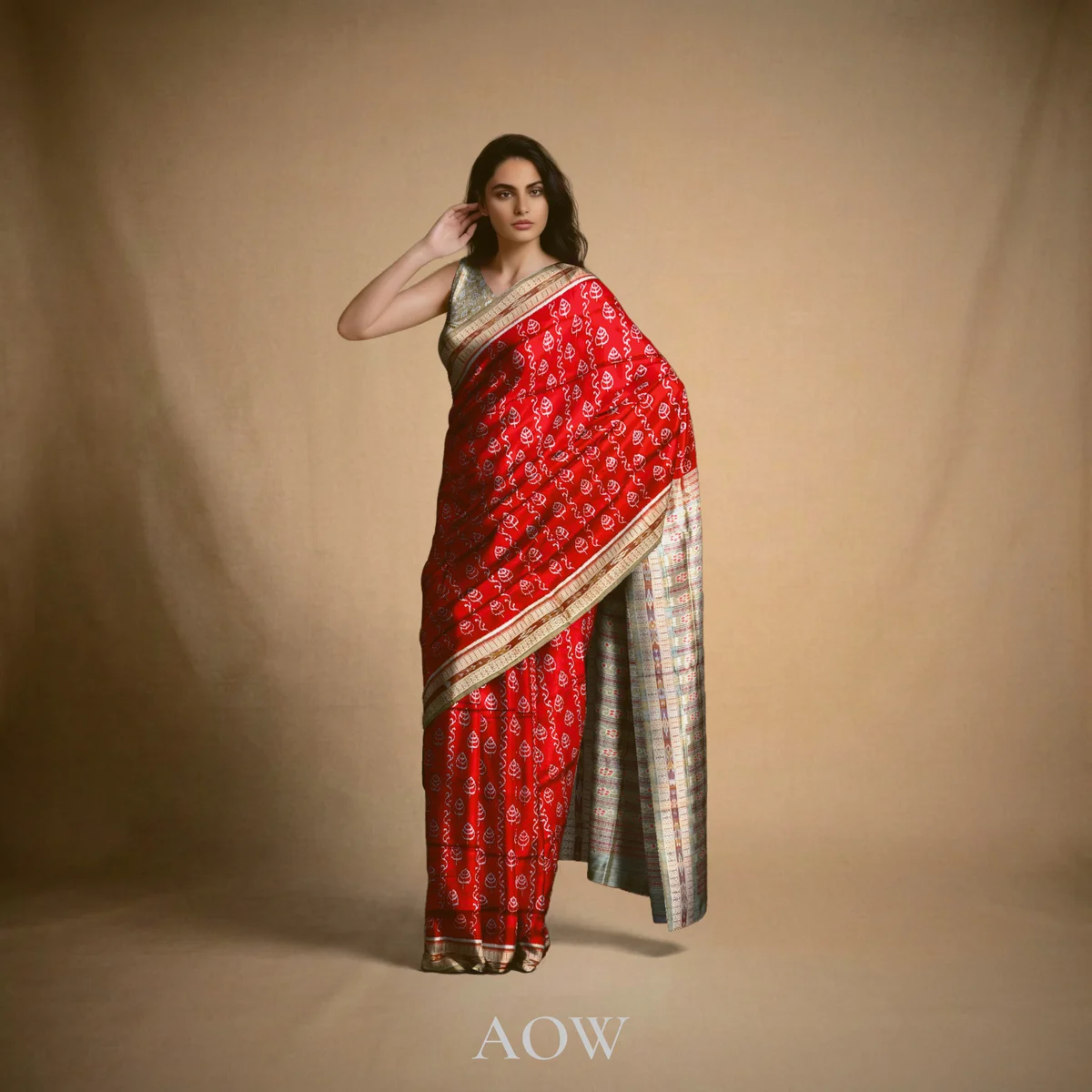 Red Olive Sambalpuri Pure Pata Saree